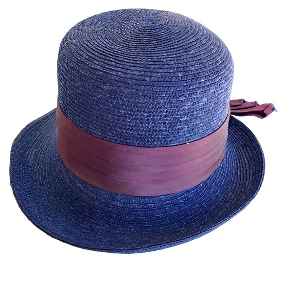 Vintage Straw Hat Blue Bowler Faded Purple Satin Ribbon - Picture 9 of 10